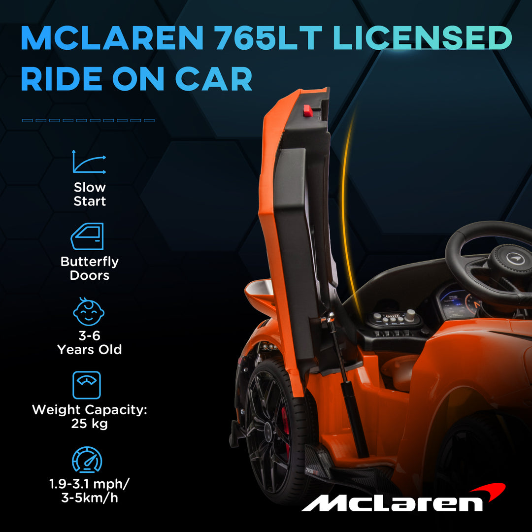 McLaren 765LT Licensed 12V Kids Electric Ride on Car with Butterfly Doors Remote Control Training Wheels Orange