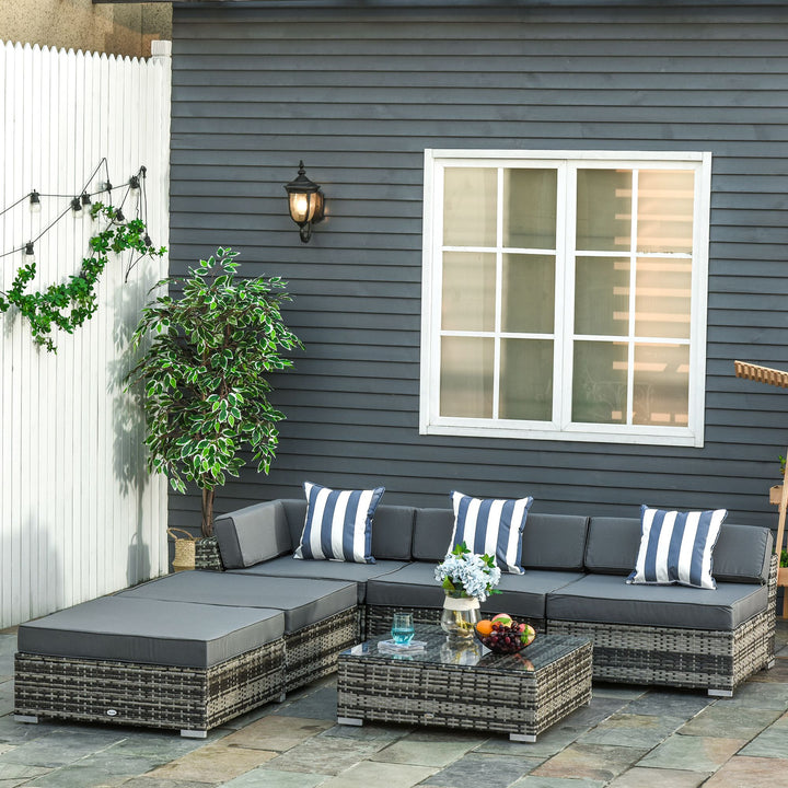 5-Seater Rattan Sofa Coffee Table Set Sectional Wicker Weave Furniture for Garden Outdoor Conservatory w/ Pillow Cushion Grey