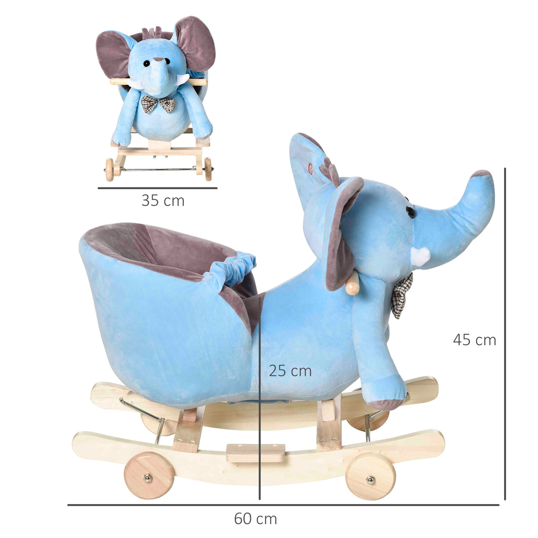 2 In 1 Plush Baby Ride on Rocking Horse Elephant Rocker with Wheels Wooden Toy for Kids 32 Songs (Blue)