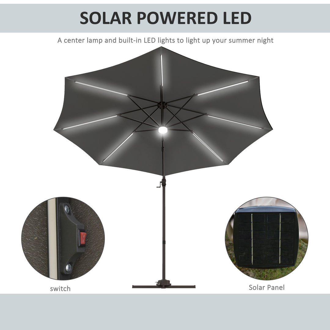 Waterproof 3(m) LED Cantilever Parasol Outdoor Sun Umbrella w/ Base Solar Lights Dark Grey