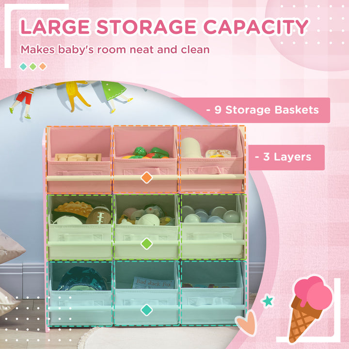 3-Tier Storage Rack Toy Storage Organizer with 9 Removable Bins & Smooth Edges