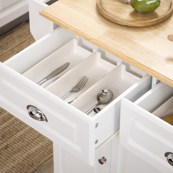 Kitchen Island with Storage Rolling Kitchen Serving Cart with Rubber Wood Top Towel Rack Storage Drawer Cabinet White