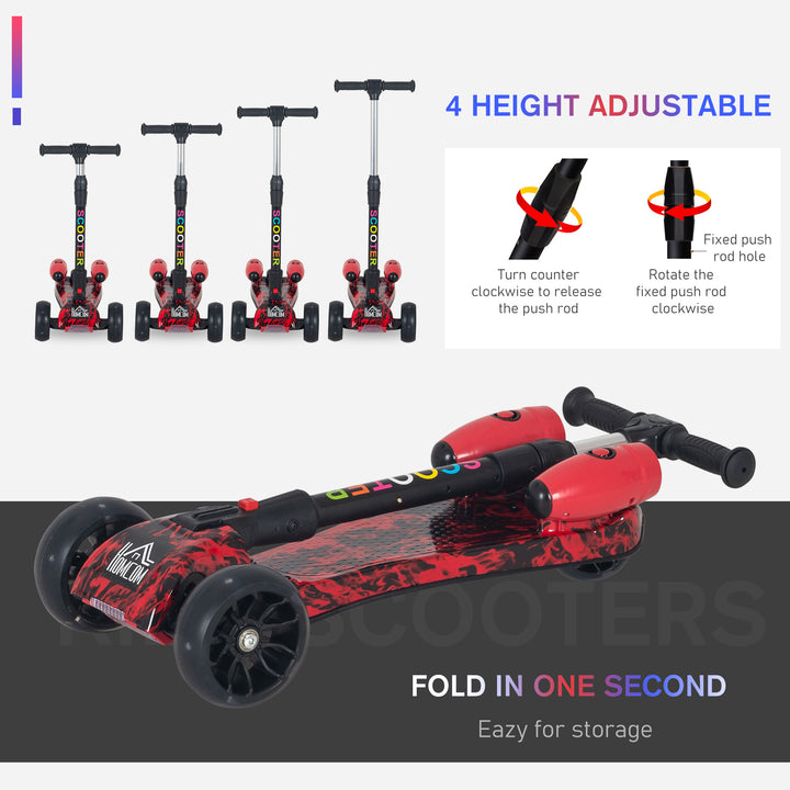 Kids 3 Wheel Kick Scooter Adjustable Height w/ Flashing Wheels Music Water Spray Foldable Design Cool On Off Road Vehicle Red