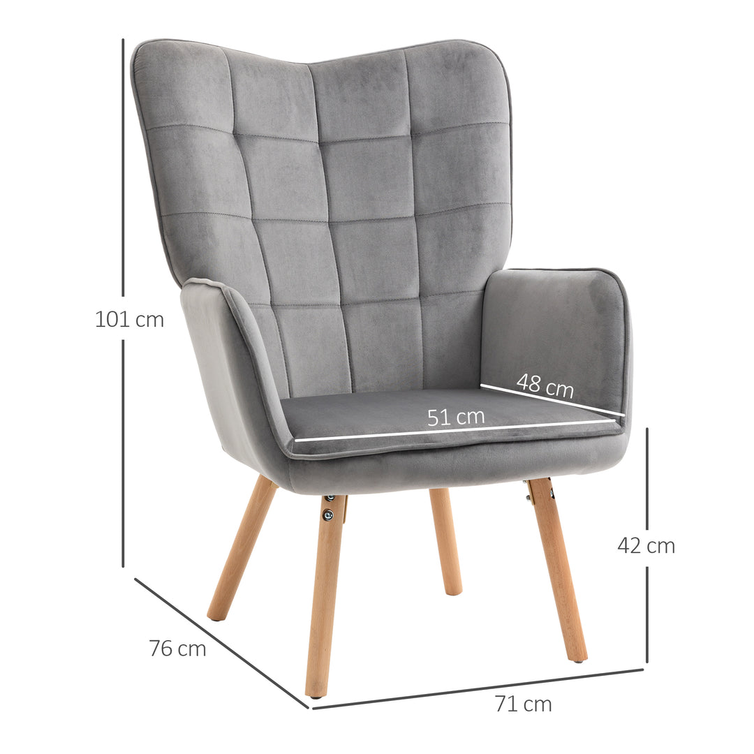 Modern Accent Chair Velvet-Touch Tufted Wingback Armchair Upholstered Leisure Lounge Sofa Club Chair with Wood Legs