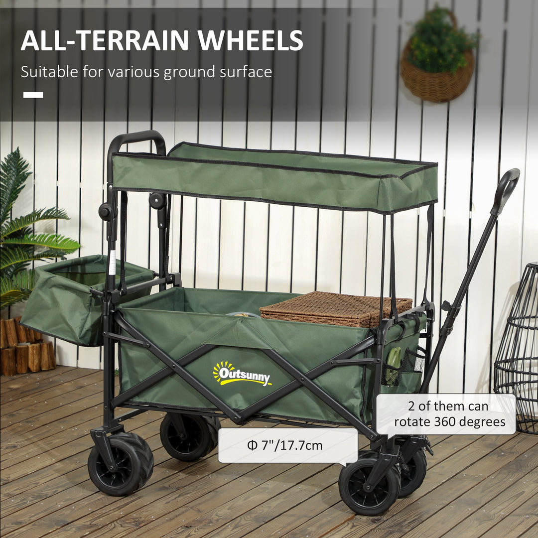 Folding Trolley Cart Storage Wagon Beach Trailer 4 Wheels with Handle Overhead Canopy Cart Push Pull for Camping