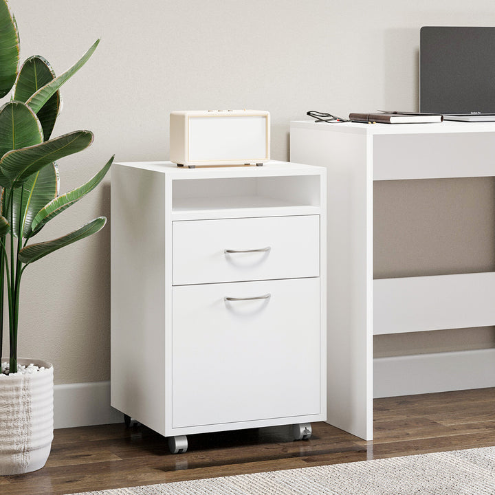 60cm Storage Cabinet w/ Drawer Open Shelf Metal Handles 4 Wheels Office Home Organiser Mobile Printer White