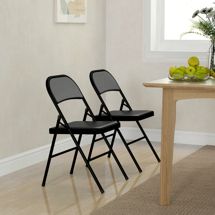 Padded Folding Chairs Set of 2 PU Leather Foldable Chairs with Cushioned Seat and Metal Frame for Home Office Dining