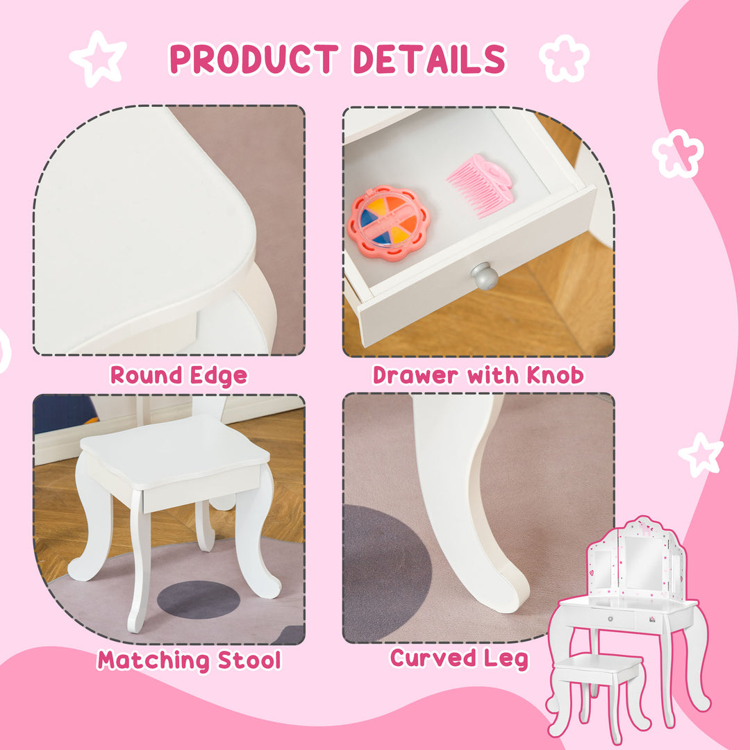 Kids Vanity Table & Stool Girls Dressing Set Make Up Desk Chair Dresser Play Set with Rotatable Mirrors Drawer Star & Heart Pattern White