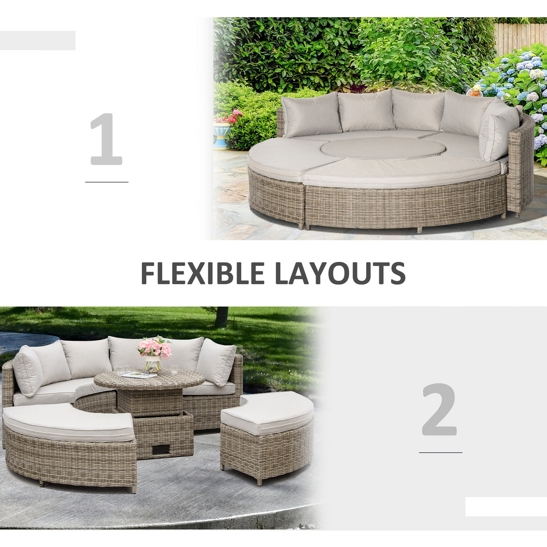 6-Seater Outdoor PE Rattan Patio Furniture Set Lounge Chair Round Daybed Liftable Coffee Table Conversation Set w/ Olefin Cushion