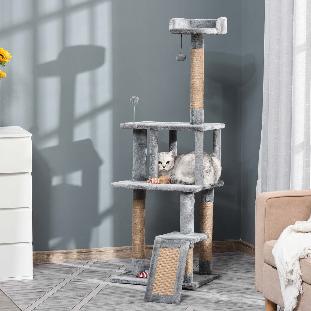 Cat Tree Tower 142cm Climbing Kitten Activity Center with Scratching Post Board Perch Roomy Condo Removable Felt Hanging Toy