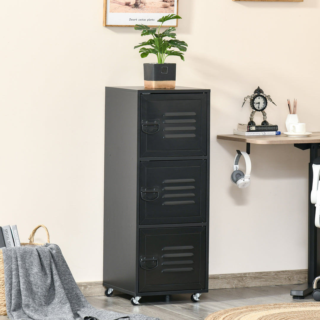 Rolling Storage Cabinet 3-Tier Mobile File Cabinet with Wheels & Metal Doors for Home Office