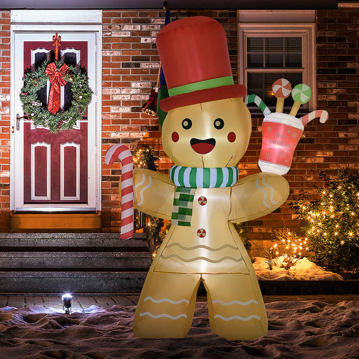 7.5FT Christmas Inflatable Gingerbread Man with Candy Cane and LED Lights