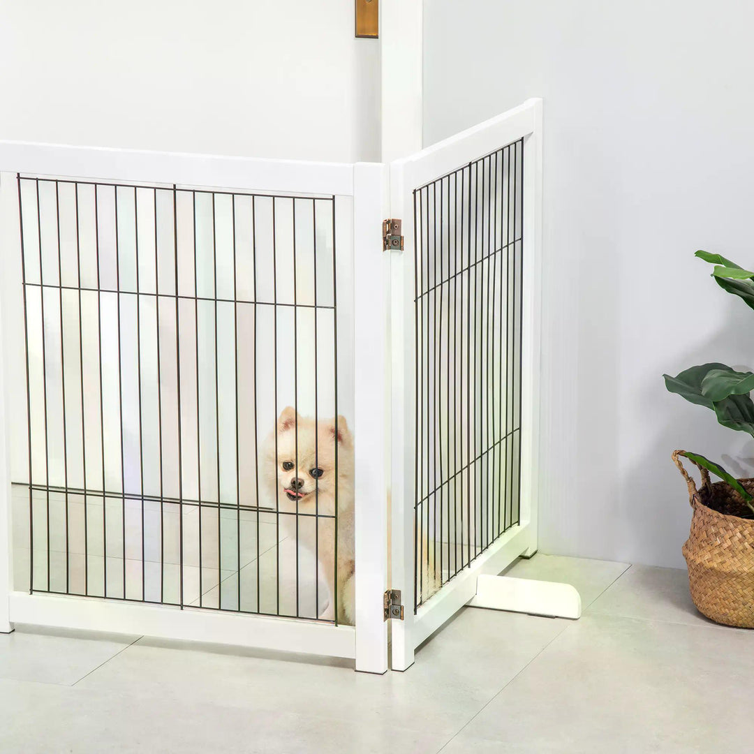 Dog Gate Wooden Foldable Small & Medium-Sized Pet Gate 4 Panel w/ Support Feet Pet Fence Safety Barrier for House Doorway Stairs