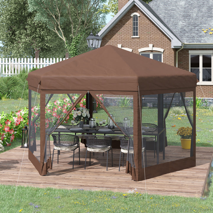 3x3.5m Hexagonal Pop Up Gazebo Party Canopy Height Adjustable Tent Sun Shelter w/ Mosquito Netting Zipped Door