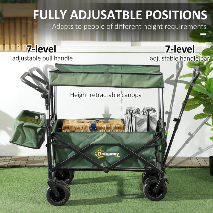 Folding Trolley Cart Storage Wagon Beach Trailer 4 Wheels with Handle Overhead Canopy Cart Push Pull for Camping