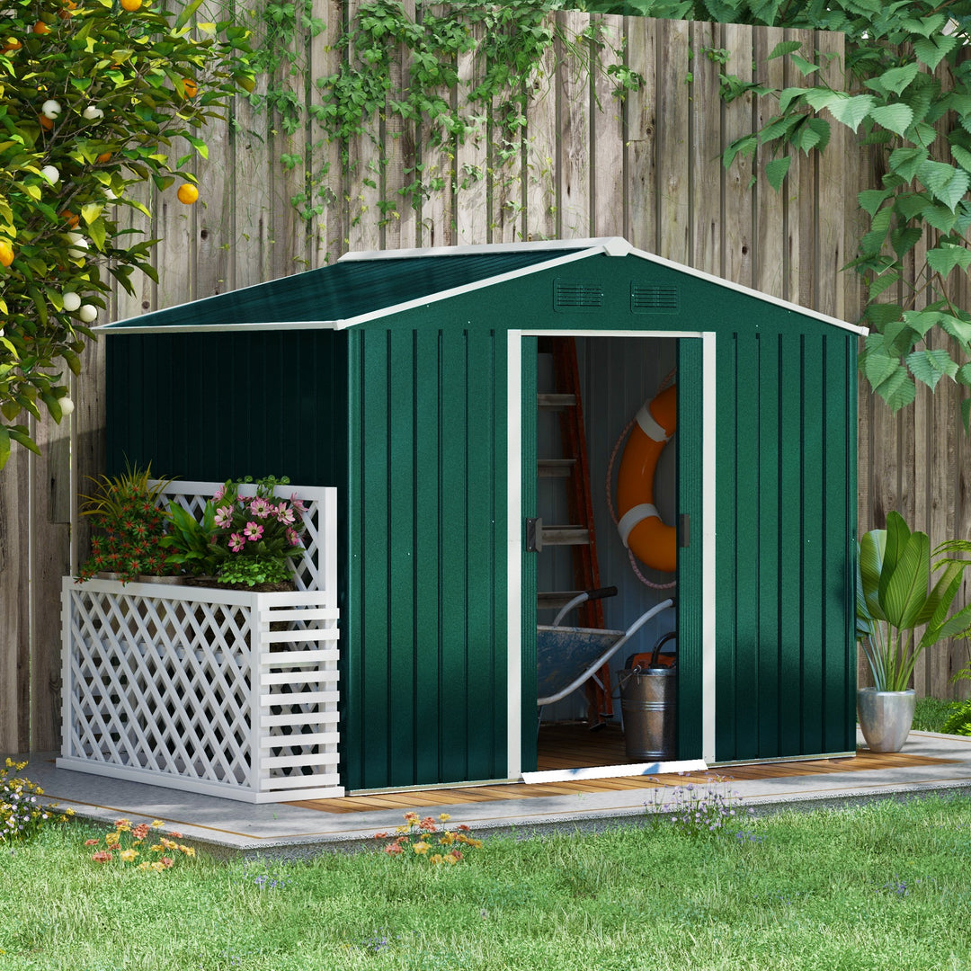 8 x 6 ft Metal Garden Storage Shed Corrugated Steel Roofed Tool Box with Ventilation and Sliding Doors