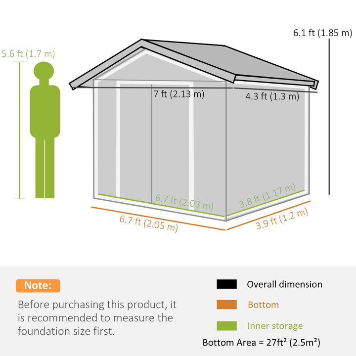 7ft x 4ft Lockable Garden Metal Storage Shed Large Patio Roofed Tool Storage Building Foundation Sheds Box