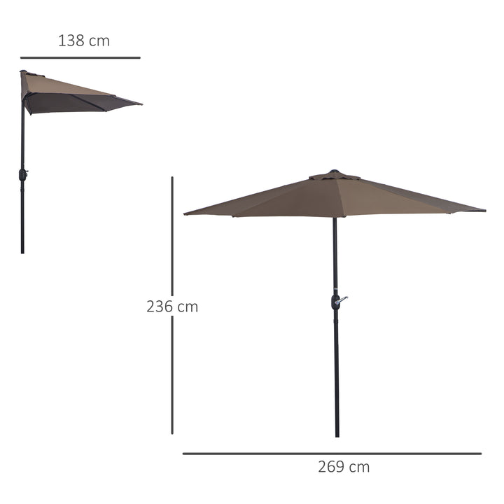 2.7m Balcony Half Parasol Garden Outdoor Umbrella 5 Steel Ribs - Brown