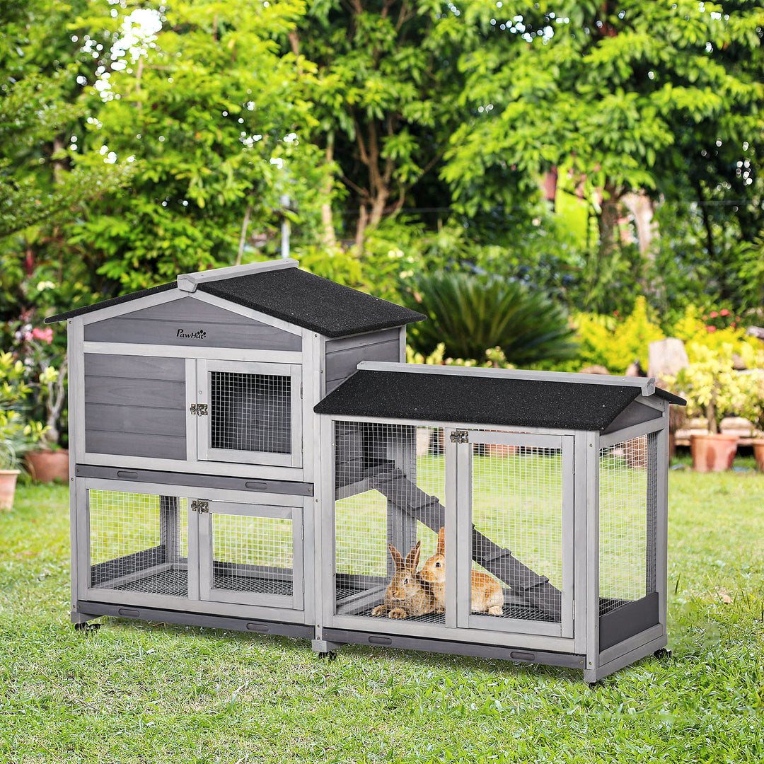 Two-Tier Rabbit Hutch and Run Wooden Mobile Guinea Pig Hutch Bunny Cage w/ Wheels