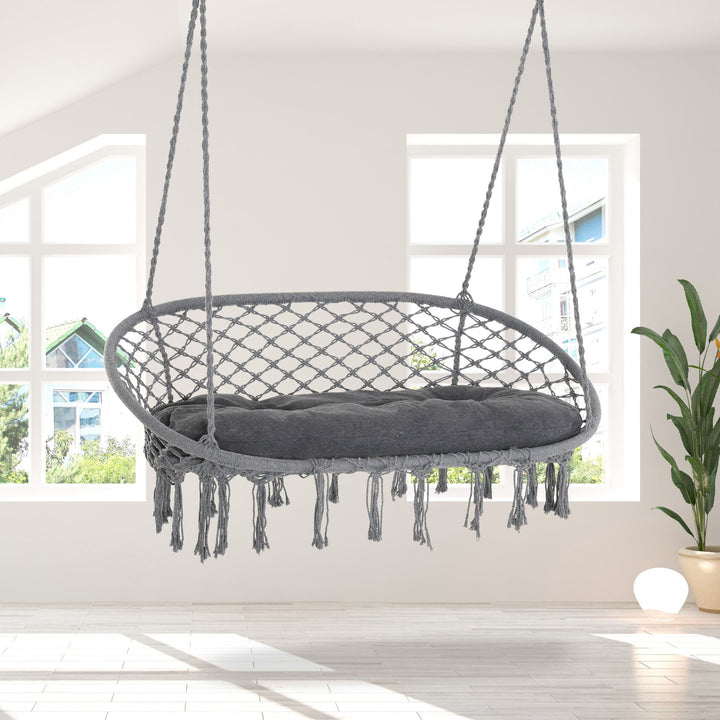 Hanging Hammock Chair Cotton Rope Porch Swing with Metal Frame and Cushion