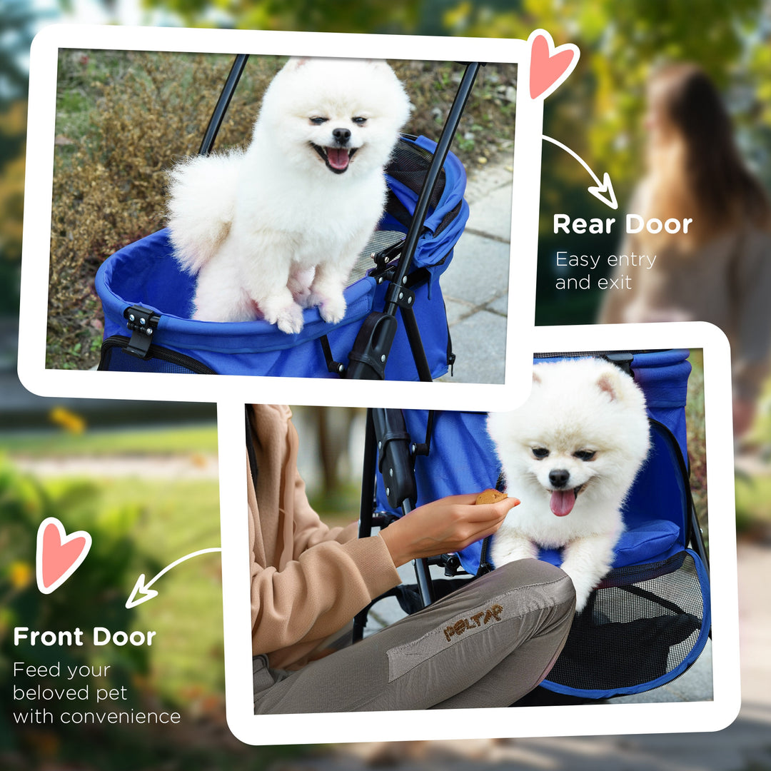 Pet Stroller Dog Cat Travel Pushchair One-Click Fold Trolley Jogger with EVA Wheels Brake Basket Adjustable Canopy Safety Leash Blue