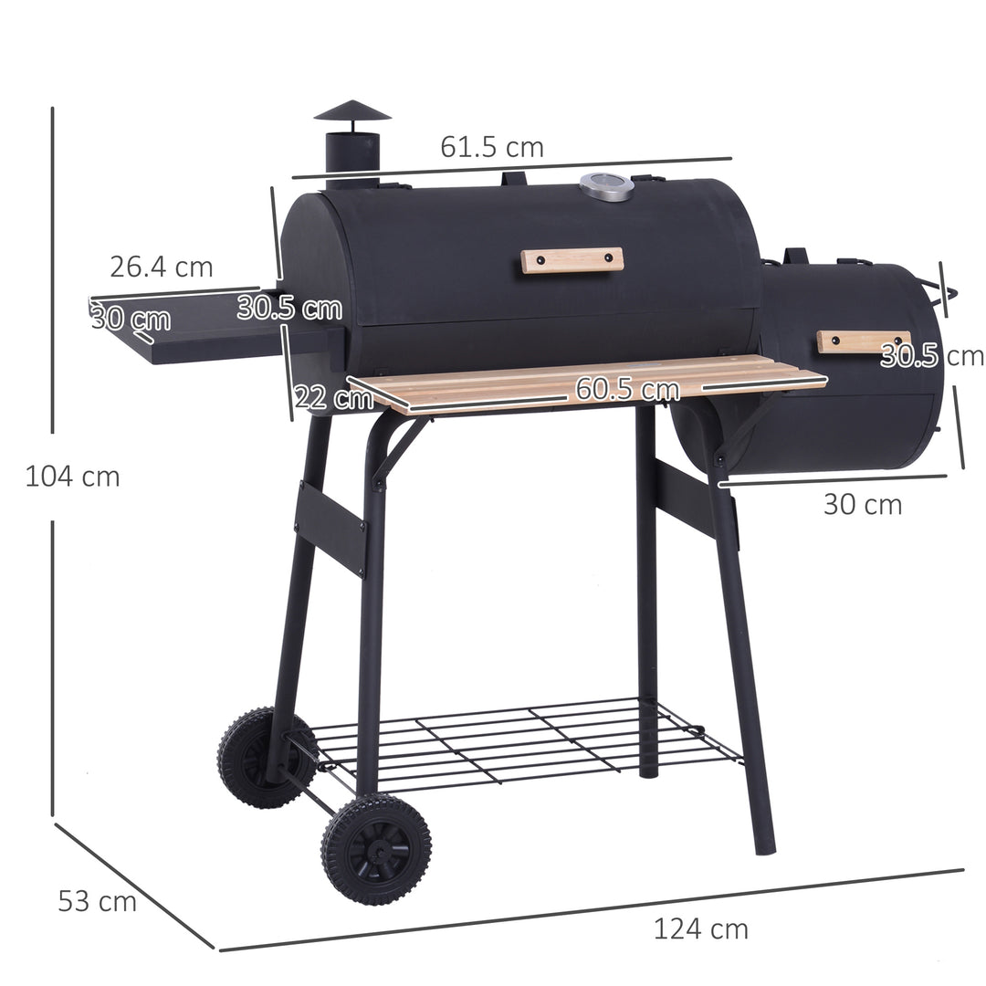 Charcoal Barbecue Grill Garden Portable BBQ Trolley w/ Offset Smoker Combo