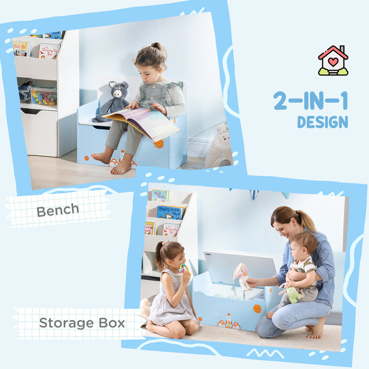 ZONEKIZ 2-IN-1 Wooden Toy Box, Kids Storage Bench with Safety Pneumatic Rod, Rocket, Blue