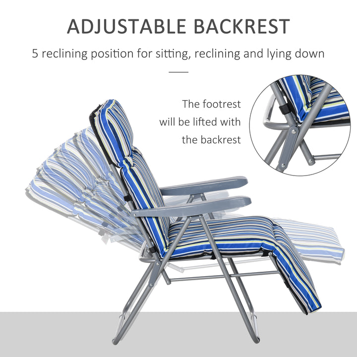 Set of 2 Garden Sun Lounger Outdoor Reclining Seat Cushioned Seat Foldable Adjustable Recliner Blue and White