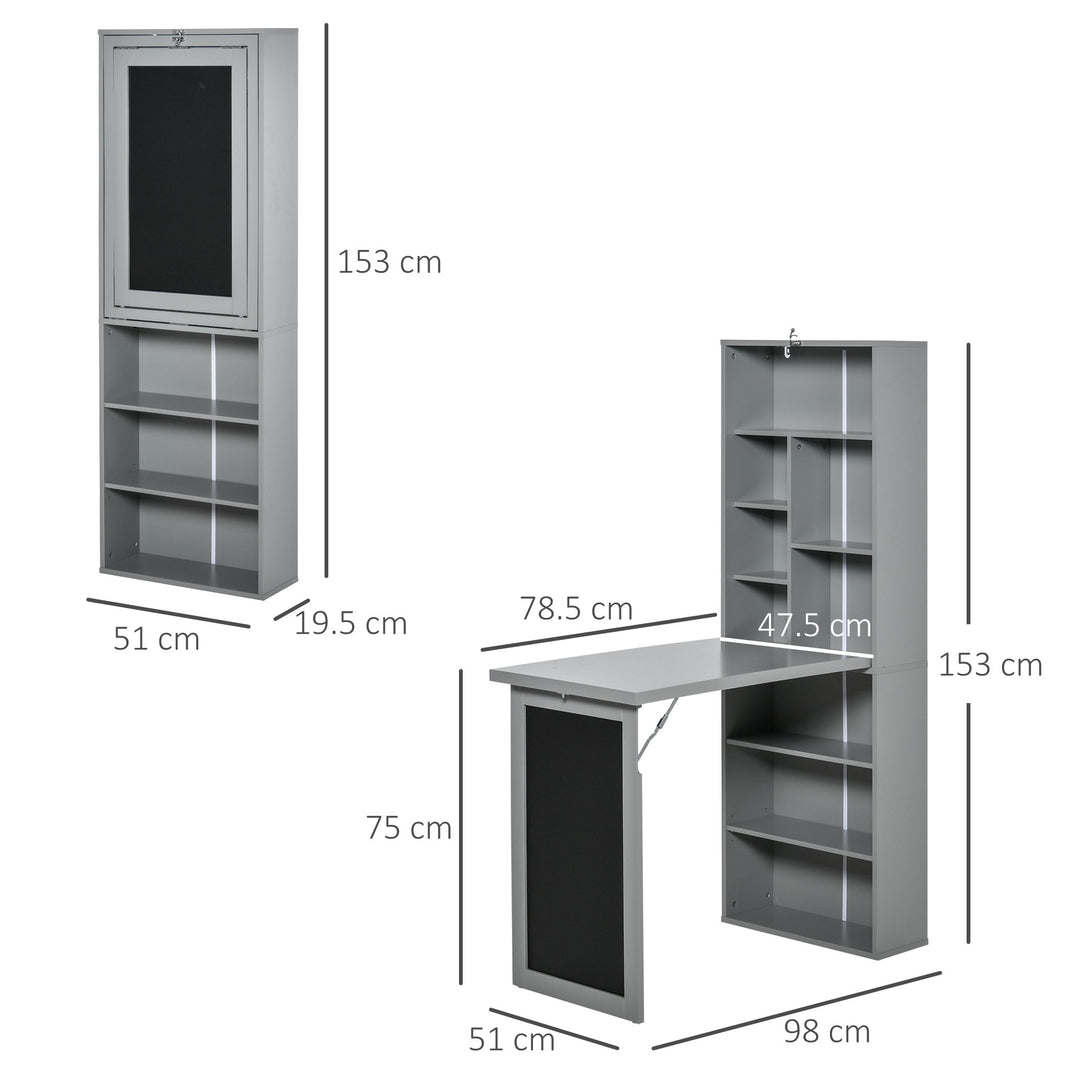 Fold-out Convertible Writing Desk Wall Mount Cabinet with Blackboard and Side Shelf Multi-Function Home Office Workstation