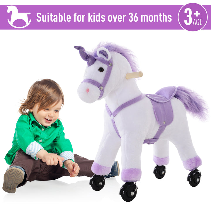 Four Wheel Sit-On Unicorn Horse Neigh Button Plush Safe Seat Handlebar Wood Frame