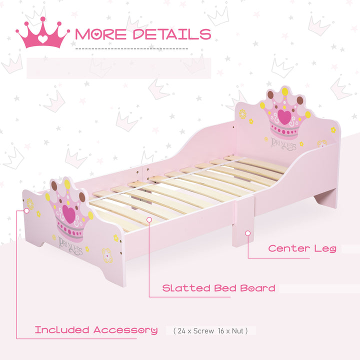 Kids Wooden Bed with Crown Modeling Safety Side Rails Easy to Clean Perfect Gift for Toddlers Girls Age 3 to 6 Years Old Pink