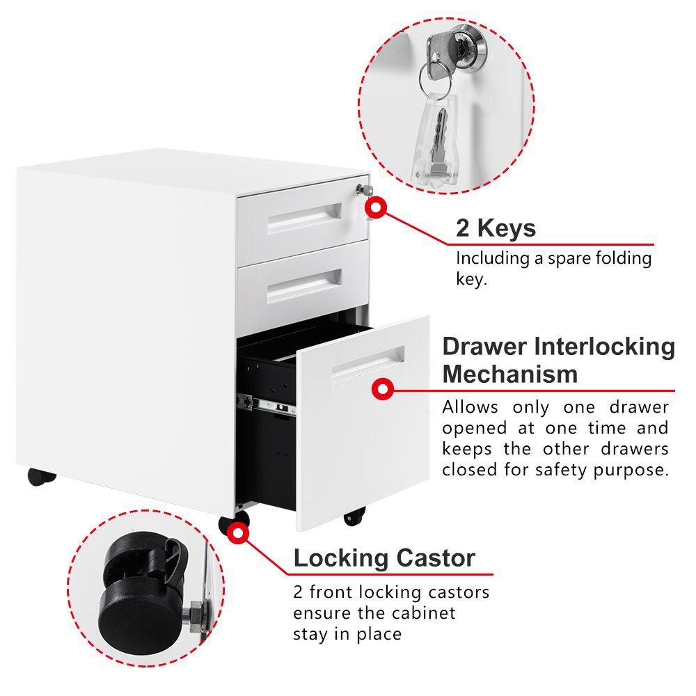 3 Drawer Mobile File Cabinet with Lockable Drawers and Casters