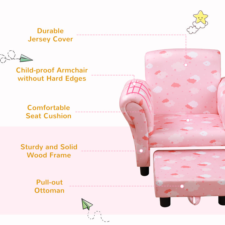 Kids Children Armchair Mini Sofa Wood Frame w/ Footrest Anti-Slip Legs High Back Arms Bedroom Playroom Furniture Cute Cloud Pink