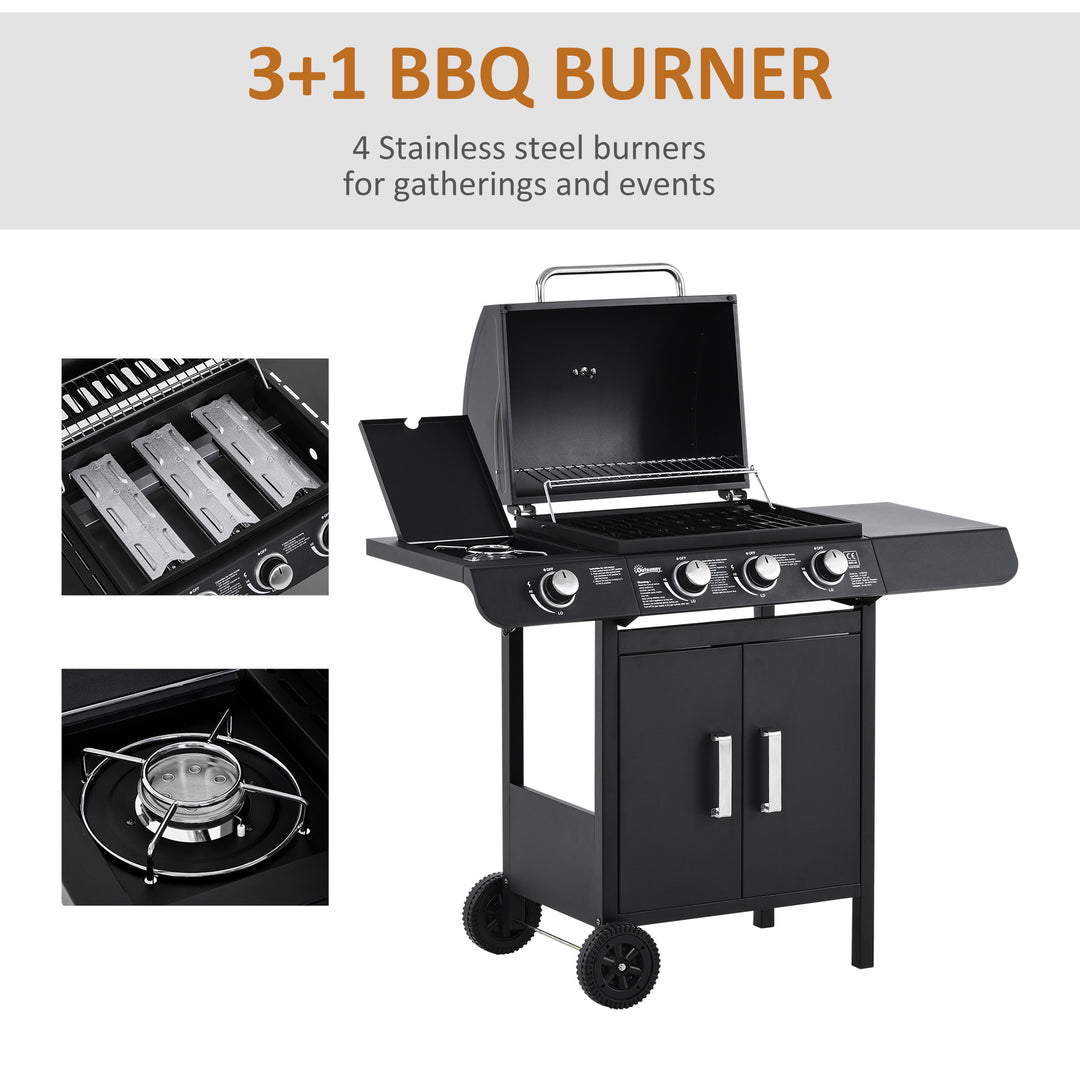 Gas BBQ Gas Grill Barbecue 3+1 Burner Garden BBQ Trolley w/ Side Burner Warming Rack Side Shelves Piezo Ignition 110x50x100cm