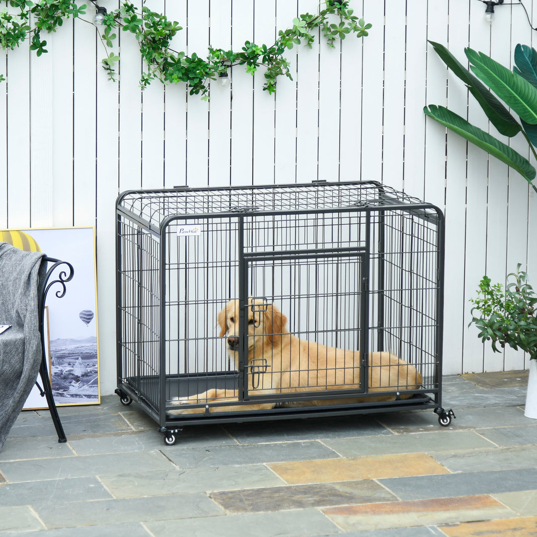 Heavy Duty Dog Crates Foldable Indoor Dog Kennel & Dog Cage Pet Playpen w/ Double Doors Removable Tray Lockable Wheels Openable Top