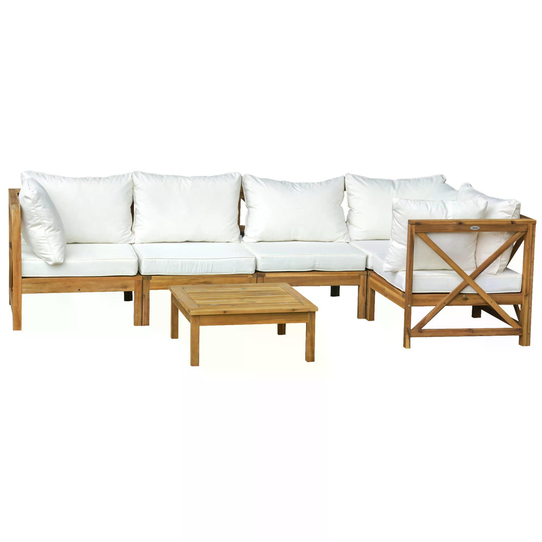 6pcs Patio Furniture Set Garden Sofa Set 1 Coffee Table Suitable with Cushions for Balcony Poolside Acacia Wood Cream White