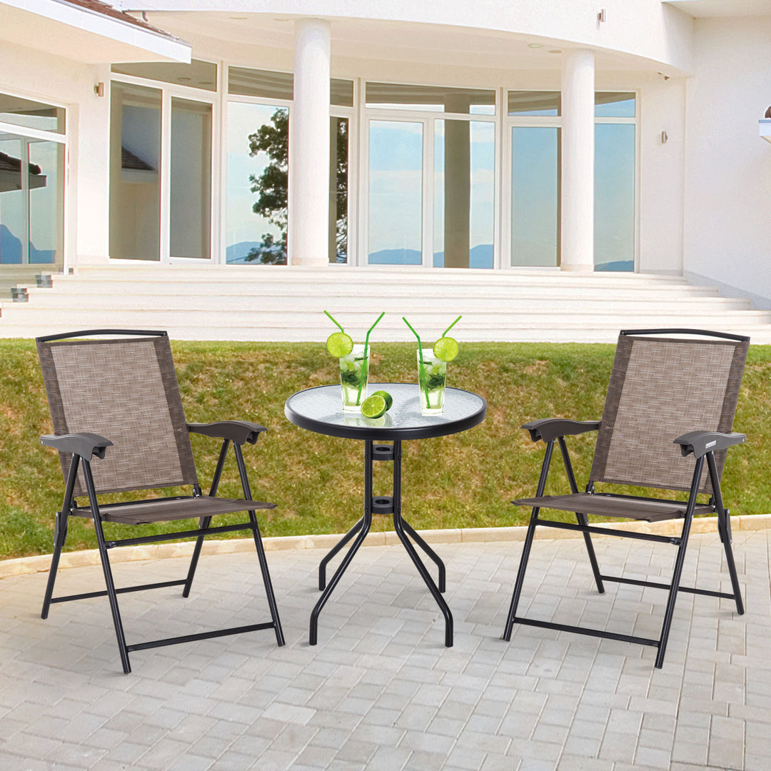 3 Piece Patio Furniture Garden Bistro Set Outdoor 2 Folding Chairs 1 Tempered Glass Table Adjustable Backrest Metal - Brown