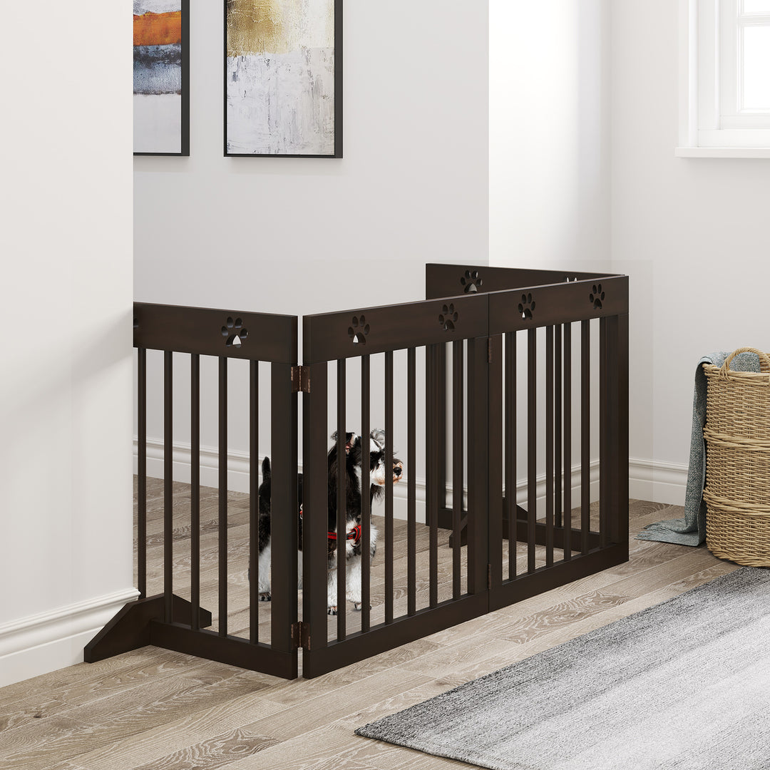 Freestanding Pet Gate 4 Panel Wooden Dog Barrier Folding Safety Fence with Support Feet up to 204cm Long 61cm Tall for Doorway Stairs Brown