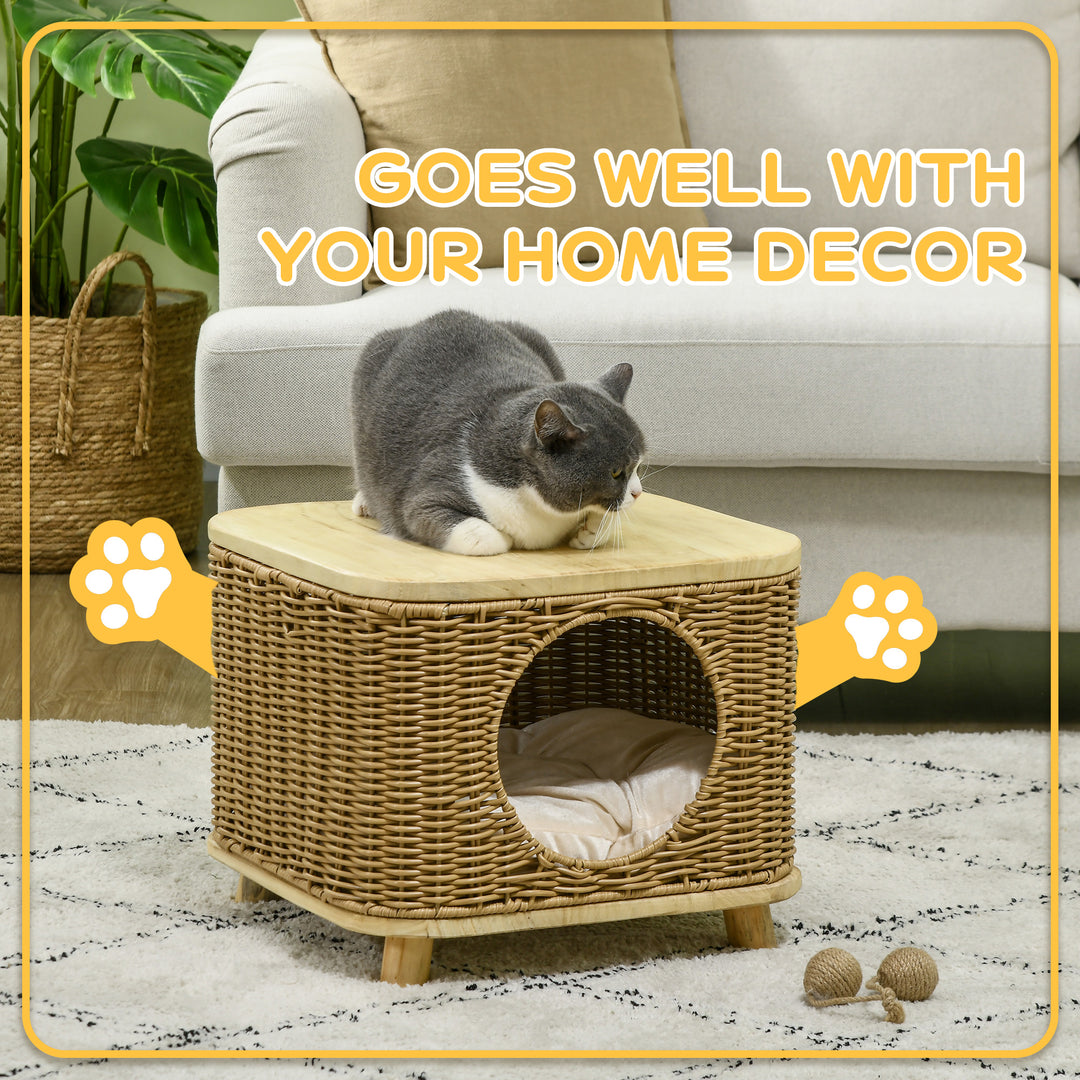 Elevated Design Wicker Cat House with Washable Cushion