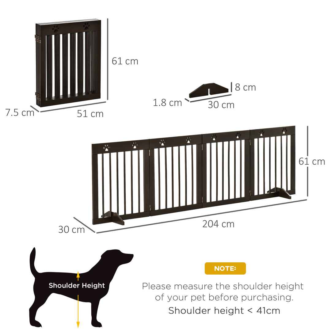 Freestanding Pet Gate 4 Panel Wooden Dog Barrier Folding Safety Fence with Support Feet up to 204cm Long 61cm Tall for Doorway Stairs Brown