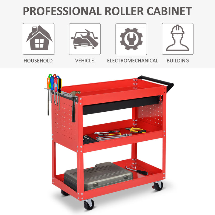 3-Tier Tool Trolley Cart Storage Shelf Roller Cabinet DIY Box Garage Workshop with Drawer Red