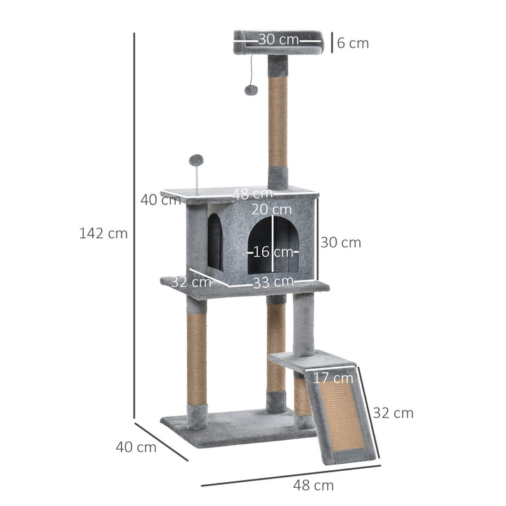 Cat Tree Tower 142cm Climbing Kitten Activity Center with Scratching Post Board Perch Roomy Condo Removable Felt Hanging Toy