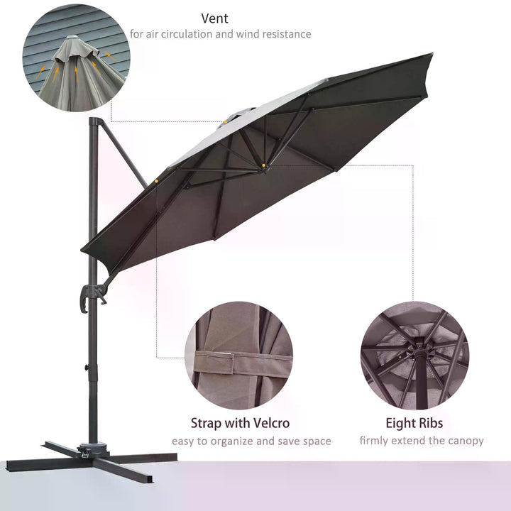 Waterproof 3(m) Patio Offset Parasol Roma Umbrella Cantilever Hanging Sun Shade Canopy Shelter 360° Rotation w/ Cross Base