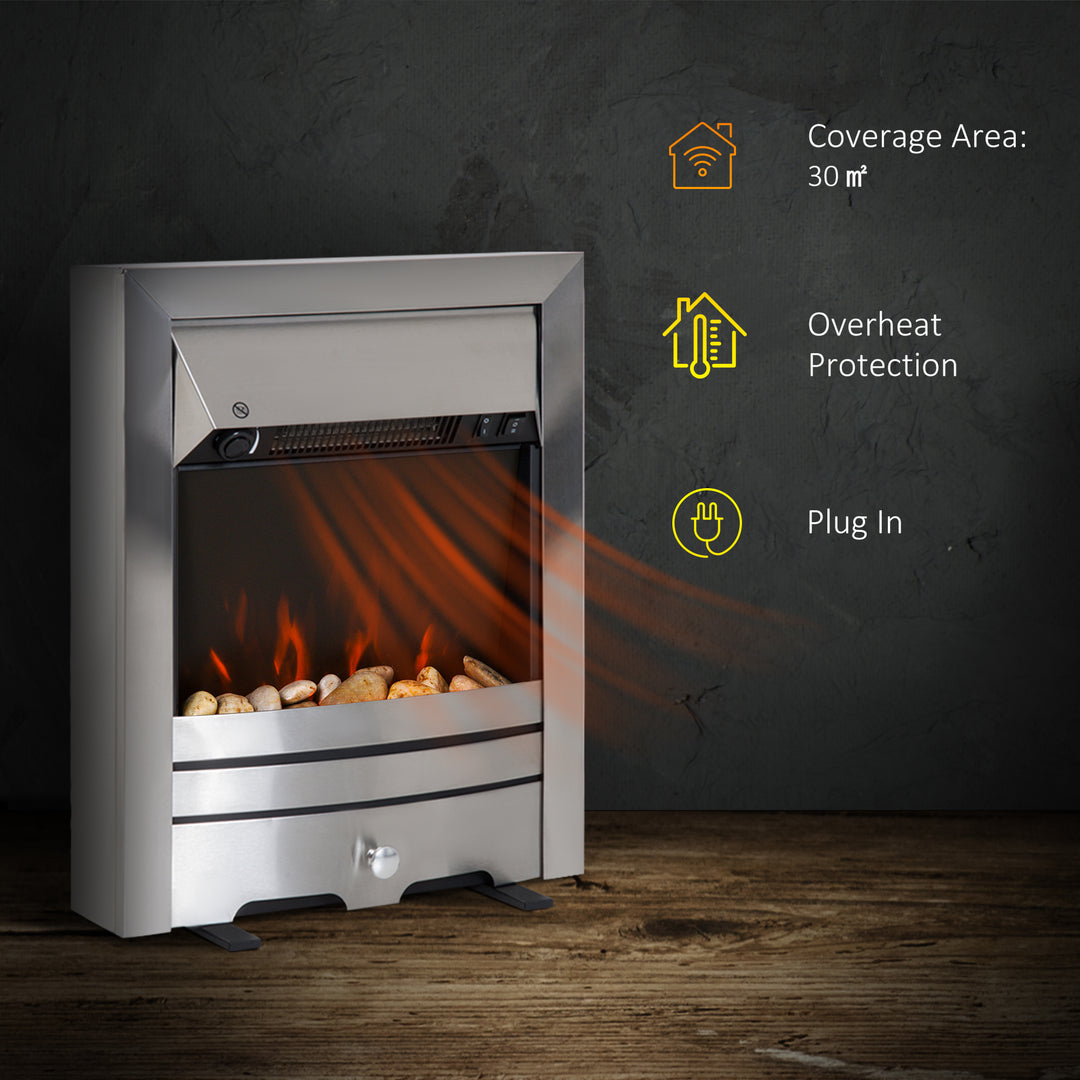 2KW Electric Fireplace Pebble Burning Effect Heater Fire Flame Indoor Stove LED Lighting - Stainless Steel