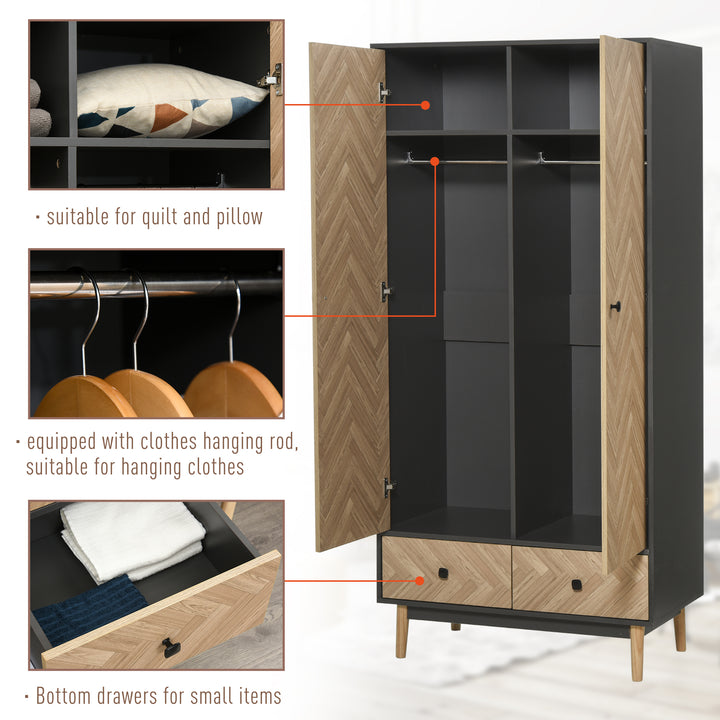 HOMCOM Modern Wardrobe with Wood Grain, 2 Drawers