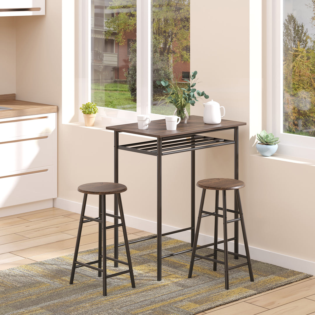 Bar Table and Stools w/ Metal Frame Footrest and Storage Shelf