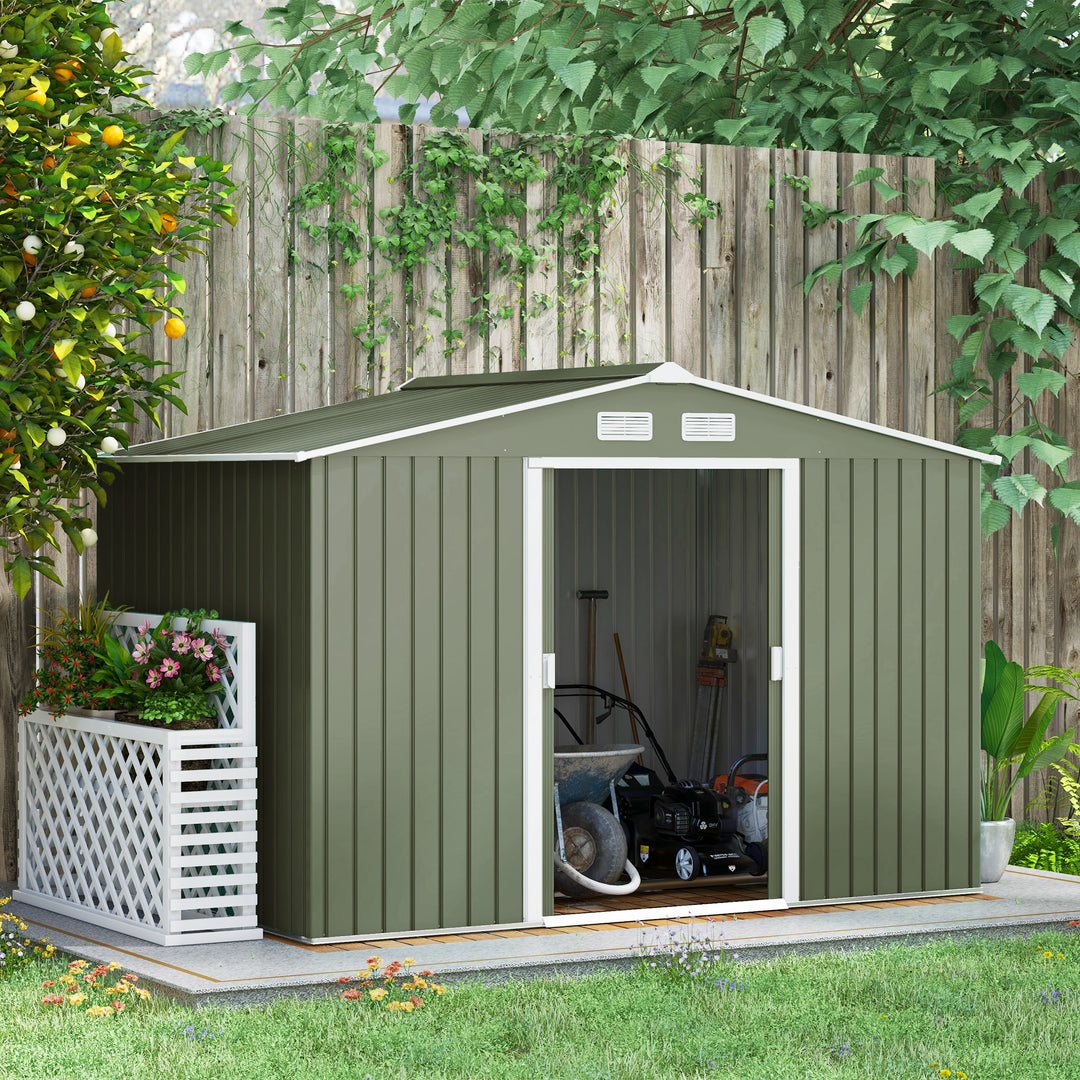 9 x 6 ft Metal Garden Storage Shed Corrugated Steel Roofed Tool Box with Foundation Ventilation and Doors