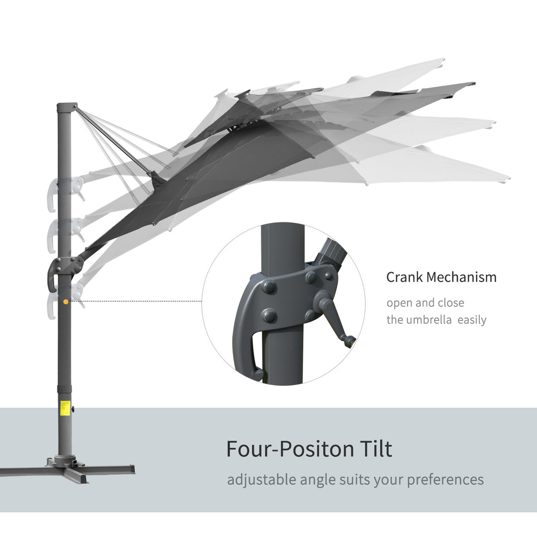 3m Cantilever Parasol w/ Solar Lights Power Bank Cross Base Adjustable Canopy 360° Spin Garden Umbrella 2-Tier Roof Sun Shade Grey