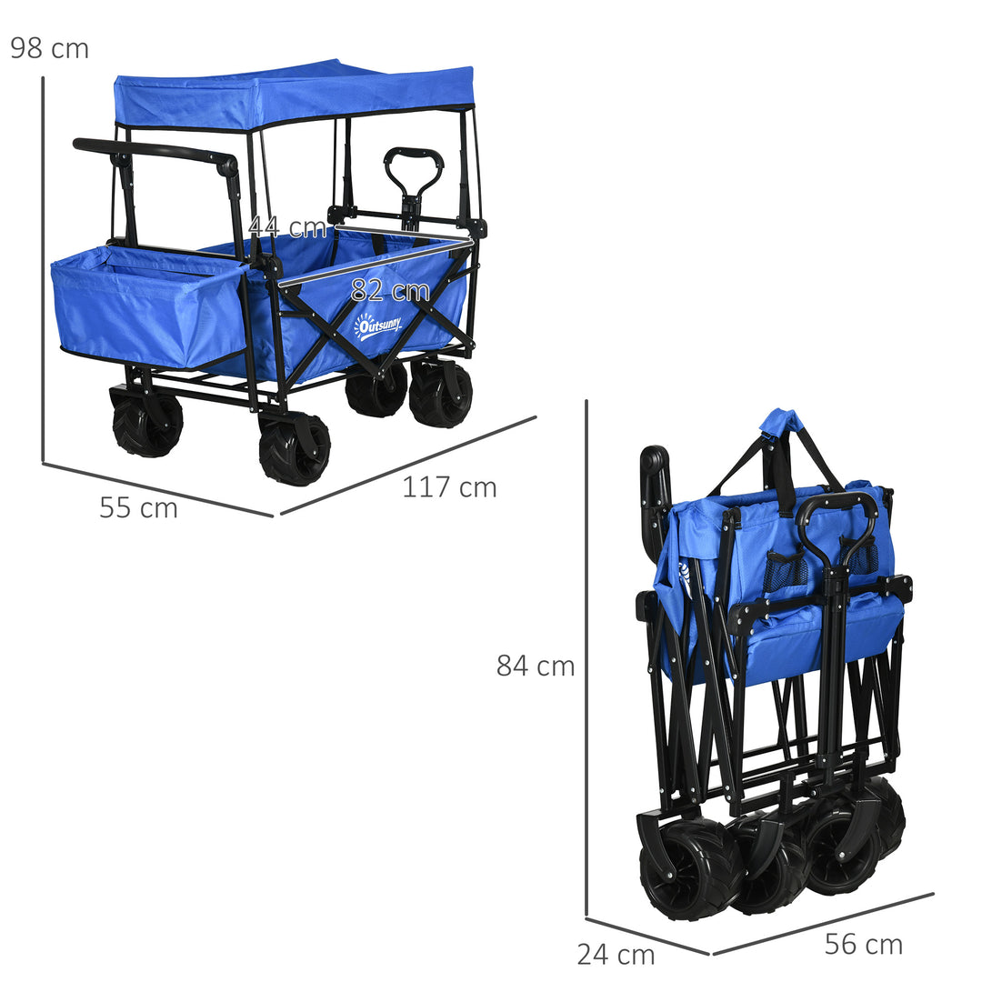 Folding Trolley Cart Storage Wagon Beach Trailer 4 Wheels with Handle Overhead Canopy Cart Push Pull for Camping