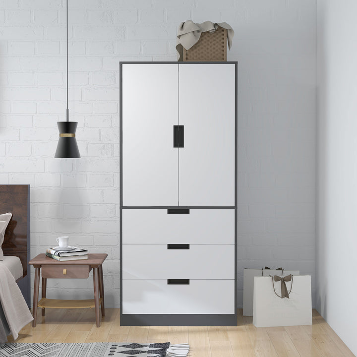 HOMCOM Grey Wardrobe with 3 Drawers and Double Doors